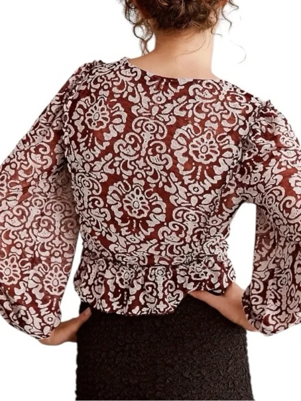 Anthropologie Burgundy Floral Lace Peplum Long Sleeve Top